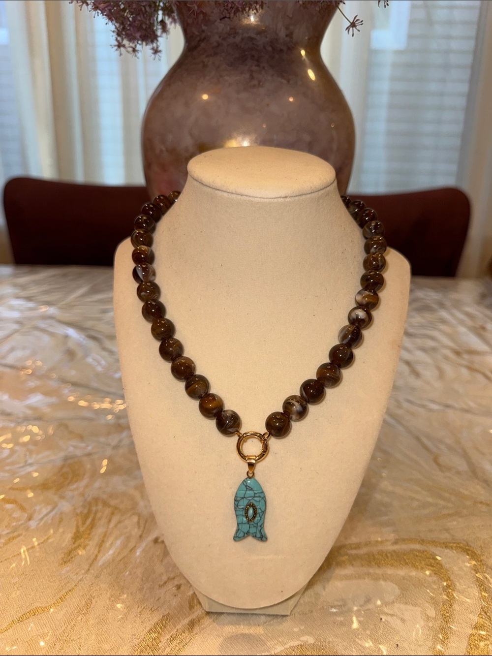 Handmade Tiger Eye Beaded Necklace with removable Turquoise Fish Pendant